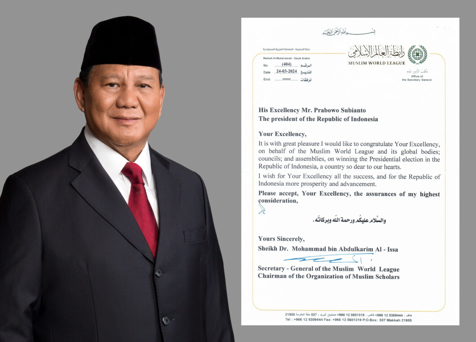 World Muslim League Extends Congratulations to Prabowo Subianto for his Presidential Victory